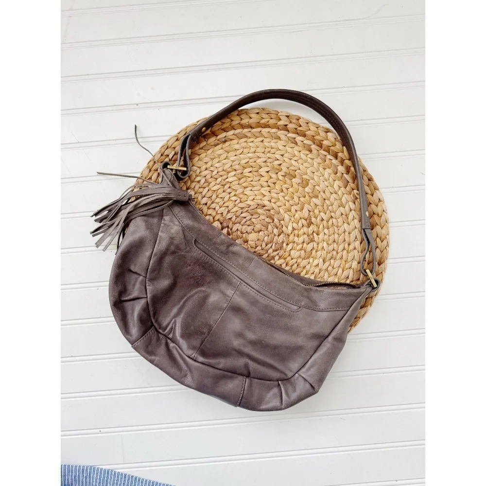 HOBO Gray Leather Hobo Shoulder Bag with Tassel